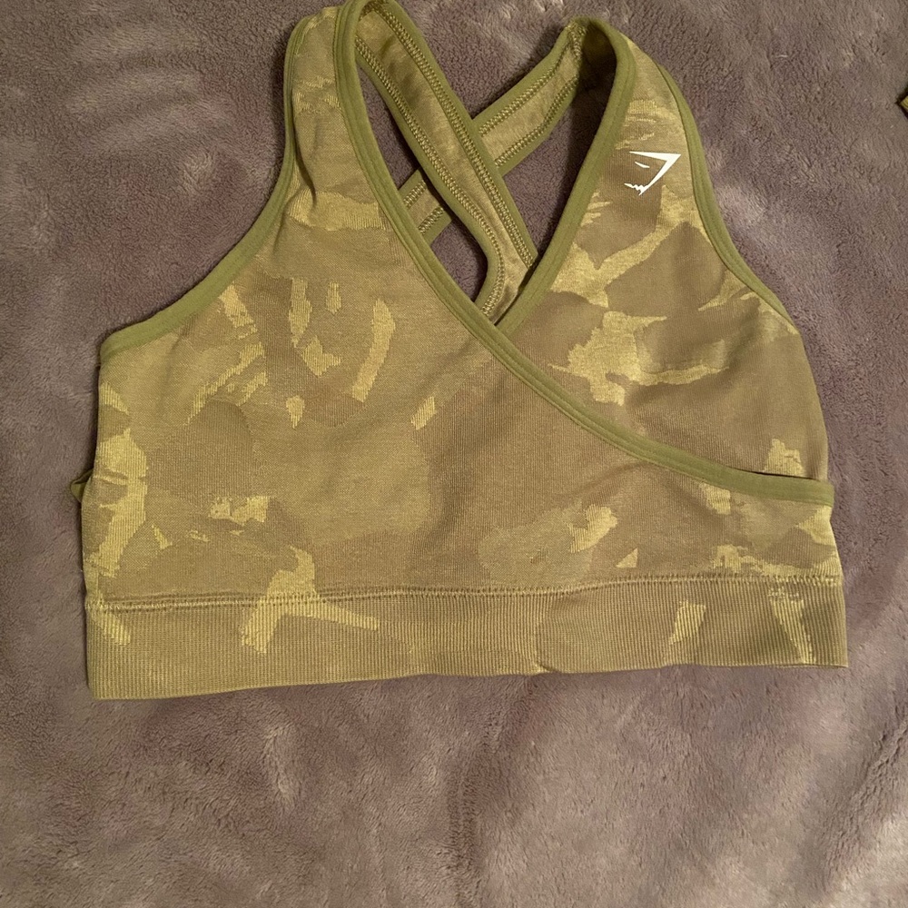 Gymshark Olive Green Camo Crossover Sports Bra